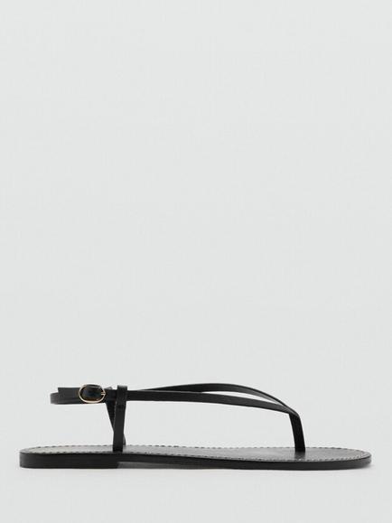 Mango Leather Sleek Slingback Flat Strappy Sandals, Black, Black