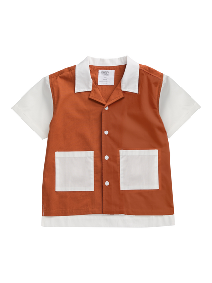 KIDLY by MORI Kids' Short Sleeve Colour Block Shirt, Brown, Brown