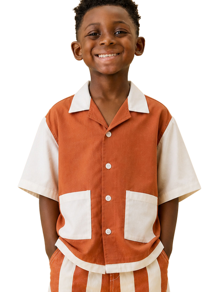 KIDLY by MORI Kids' Short Sleeve Colour Block Shirt, Brown - view 2, Brown