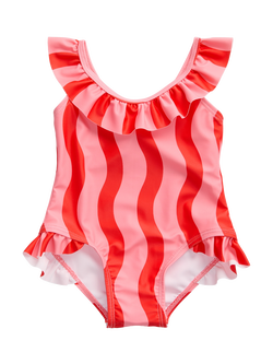 KIDLY by MORI Kids' Frill Neck Swimsuit, Pink Wavy Stripe, Pink Wavy Stripe