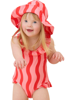 KIDLY by MORI Kids' Frill Neck Swimsuit, Pink Wavy Stripe - view 2, Pink Wavy Stripe