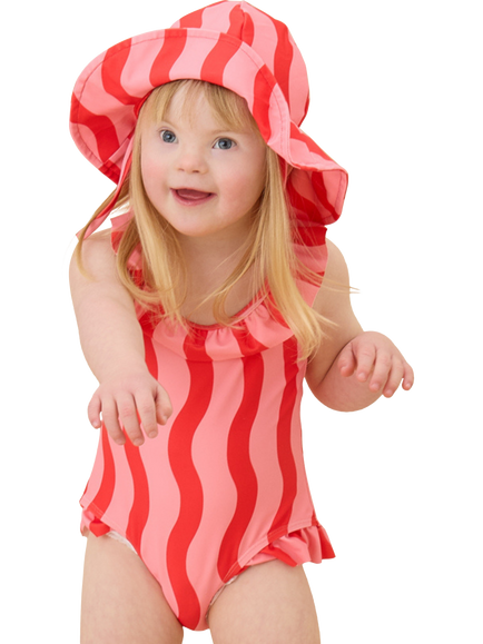KIDLY by MORI Kids' Frill Neck Swimsuit, Pink Wavy Stripe - view 2, Pink Wavy Stripe