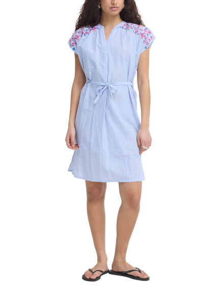 ICHI Ihkalthea Stripe Embellishment A-Line Knee Length Dress, Blue/White, Blue/White