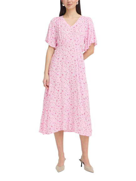 ICHI Ihvera Floral Empire Line Midi Dress, Pink, Pink