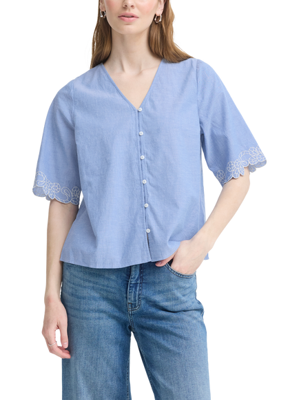 ICHI Ihembra Cotton Embroidered Short Sleeve V-Neck Top, Blue, Blue