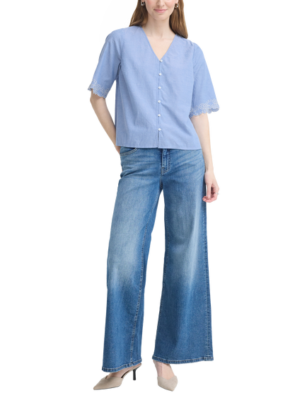 ICHI Ihembra Cotton Embroidered Short Sleeve V-Neck Top, Blue - view 2, Blue