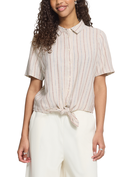 ICHI Ihlinno Striped Tie-Front Linen-Blend Collared Shirt, Multi - view 2, Multi
