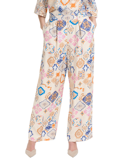 ICHI Abstract Graphic Wide Leg Trousers, White, White