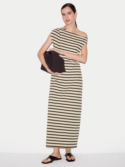 Jigsaw Stripe Cotton Asymmetric Maxi Dress, Khaki/Cream