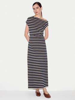 Jigsaw Stripe Cotton Asymmetric Maxi Dress, Navy/Cream