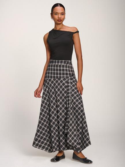 Jolie Moi Asymmetric Check Midi Skirt, Black, Black