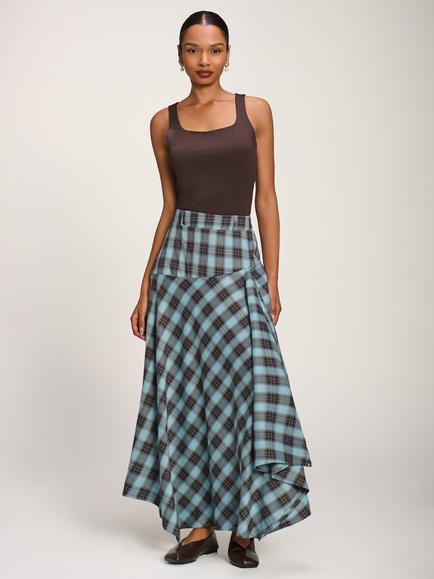 Jolie Moi Asymmetric Check Midi Skirt, Blue, Blue