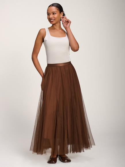 Jolie Moi Tulle Godet Maxi Skirt, Brown, Brown