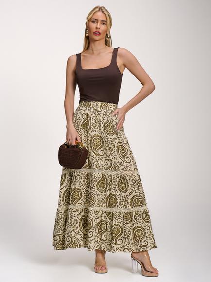 Jolie Moi Paisley Print Lace Trim Tiered Maxi Skirt, Khaki, Khaki
