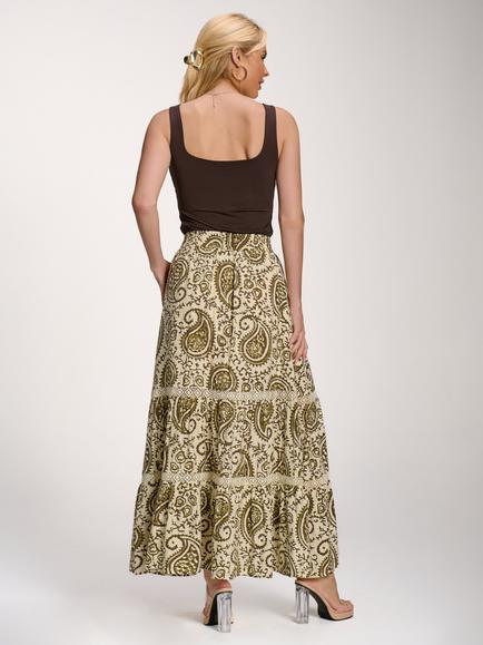 Jolie Moi Paisley Print Lace Trim Tiered Maxi Skirt, Khaki - view 2, Khaki