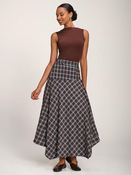 Jolie Moi Plaid Asymmetric Maxi Skirt, Brown, Brown