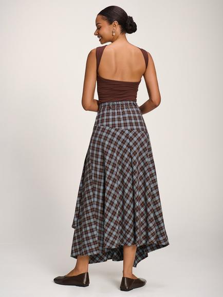 Jolie Moi Plaid Asymmetric Maxi Skirt, Brown - view 2, Brown