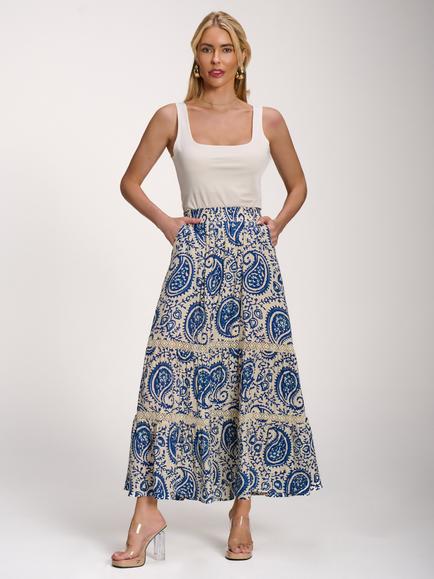 Jolie Moi Paisley Print Lace Trim Tiered Maxi Skirt, Blue, Blue