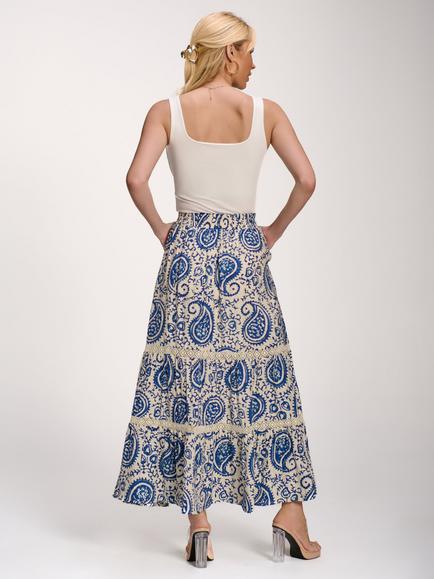 Jolie Moi Paisley Print Lace Trim Tiered Maxi Skirt, Blue - view 2, Blue