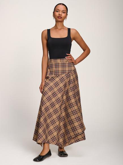 Jolie Moi Check Asymmetric Woven Maxi Skirt, Brown, Brown