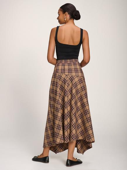 Jolie Moi Check Asymmetric Woven Maxi Skirt, Brown - view 2, Brown