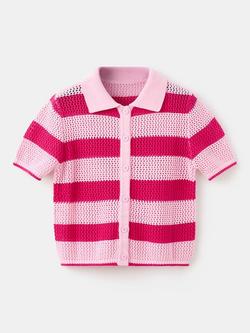 Mango Cotton Stripe Collared Cardigan, Pink, Pink