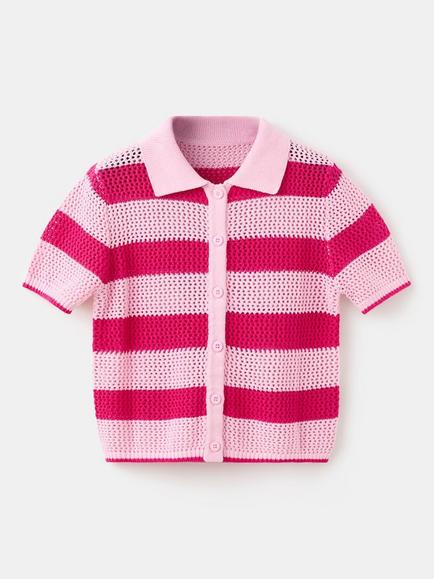 Mango Cotton Stripe Collared Cardigan, Pink, Pink