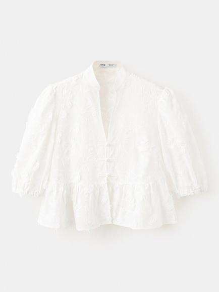 Mango Embroidered Floral V-Neck Top, Off White