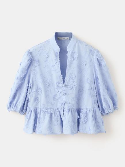 Mango Embroidered Floral V-Neck Top, Sky Blue