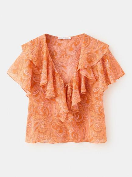 Mango Pomelo Paisley Short Sleeve Top, Orange, Orange