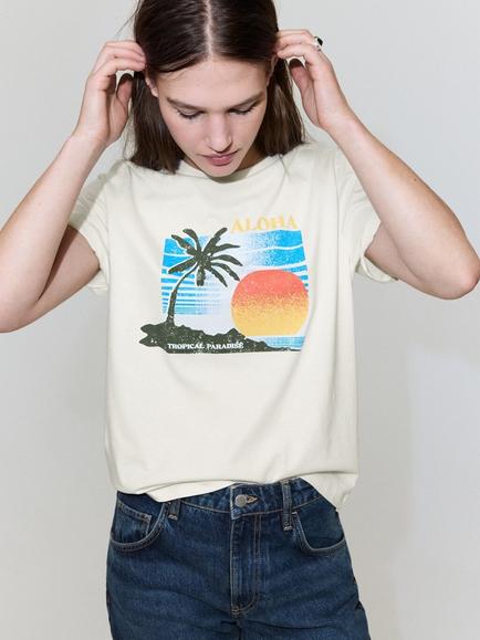 Mango Cotton Tropical Graphic Crew Neck T-Shirt, Beige, Beige