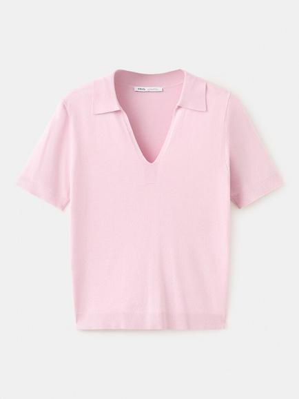 Mango Knit V-Neck Short Sleeve Polo Shirt, Pink, Pink