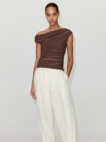 Mango Polka Dot One Shoulder Top, Brown, Brown
