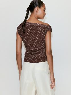 Mango Polka Dot One Shoulder Top, Brown - view 2, Brown