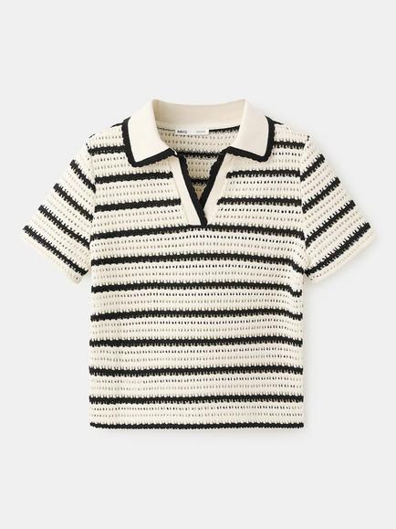 Mango Miffy Striped Open Knit Cotton Blend Polo Shirt, Off White, Off White