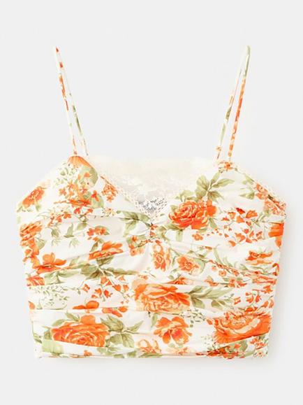 Mango Bouquet Floral Spaghetti Strap Cotton Rich Top, Orange, Orange
