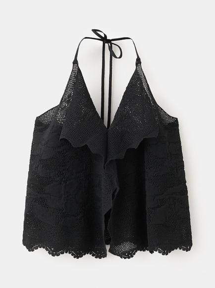 Mango Nerga Halterneck Floral Lace Top, Black, Black
