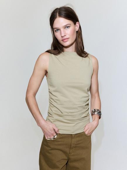 Mango Cotton Rich Sleeveless High Neck Top, Khaki, Khaki