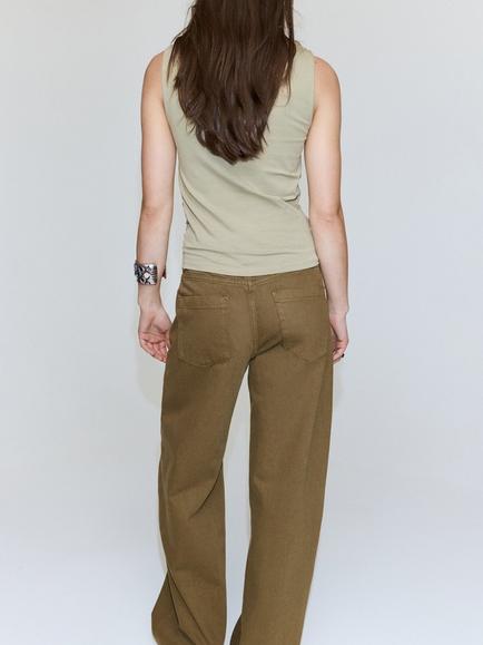 Mango Cotton Rich Sleeveless High Neck Top, Khaki - view 2, Khaki