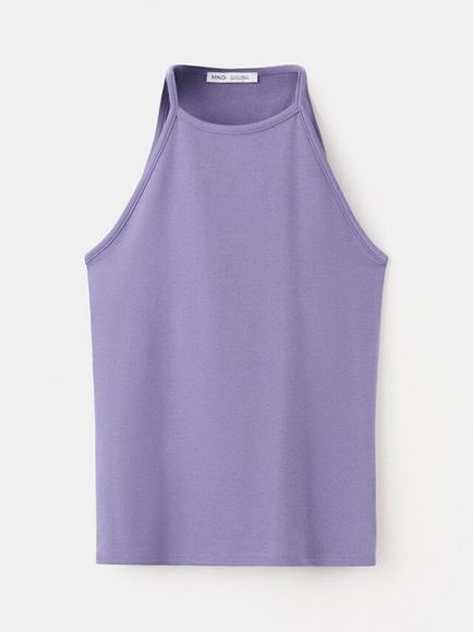 Mango Cotton Rich Halterneck Sleeveless Top, Purple, Purple