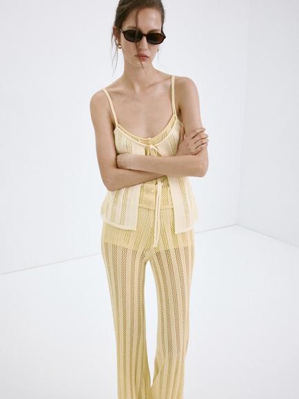 Mango Knitted Wide Leg Trousers, Pastel Yellow, Pastel Yellow