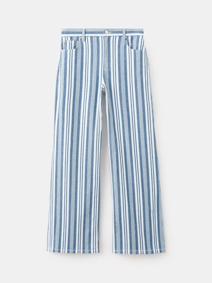 Mango Cotton Rich Stripe Wide Leg Trousers, Blue, Blue