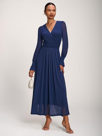 Jolie Moi Pleated V-Neck Maxi Dress, Navy, Navy