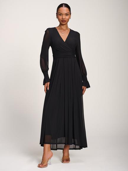 Jolie Moi V-Neck Wrap Front Pleated Maxi Dress, Black, Black