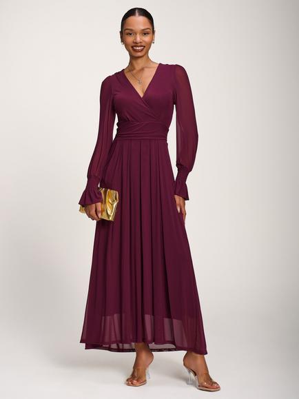 Jolie Moi Mesh Long Sleeve Pleated Maxi Dress, Dark Purple, Dark Purple