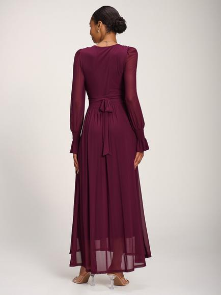 Jolie Moi Mesh Long Sleeve Pleated Maxi Dress, Dark Purple - view 2, Dark Purple