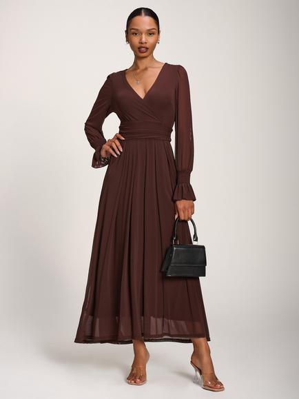 Jolie Moi V-Neck Pleated Maxi Dress, Cocoa Brown, Cocoa Brown