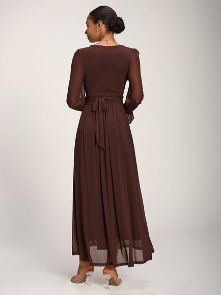 Jolie Moi V-Neck Pleated Maxi Dress, Cocoa Brown - view 2, Cocoa Brown