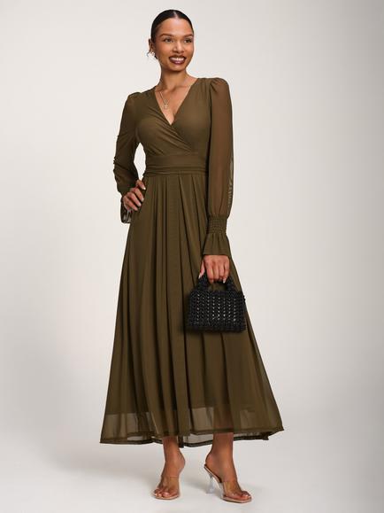 Jolie Moi Long Sleeve Pleated Maxi Dress, Dark Olive Green, Dark Olive Green