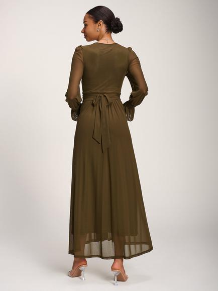 Jolie Moi Long Sleeve Pleated Maxi Dress, Dark Olive Green - view 2, Dark Olive Green